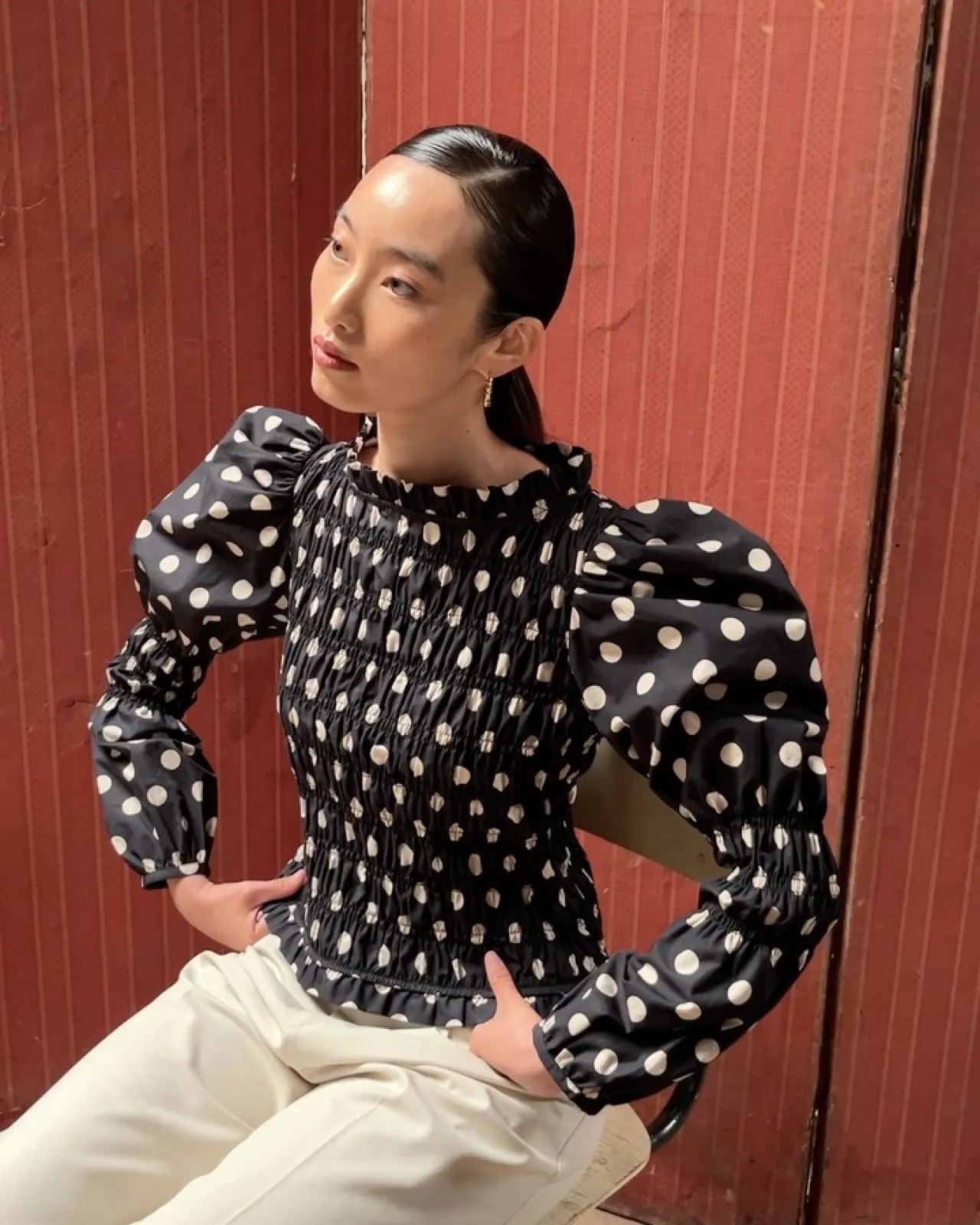 Song Kang Steps Out in Antoon Blush Polka Dot Blouse for Fashion Event